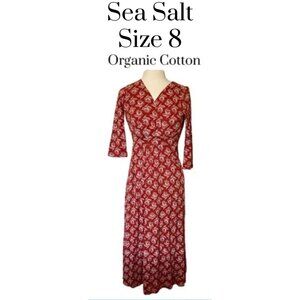Soft organic cotton A-line midi dress, faux wrap front, 3/4 sleeve, eco friendly